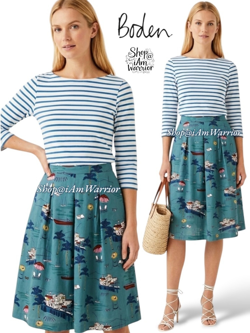 Boden a-line cotton blue midi skirt in coastal/Rivera print *shop@iamwarior - Picture 2 of 11